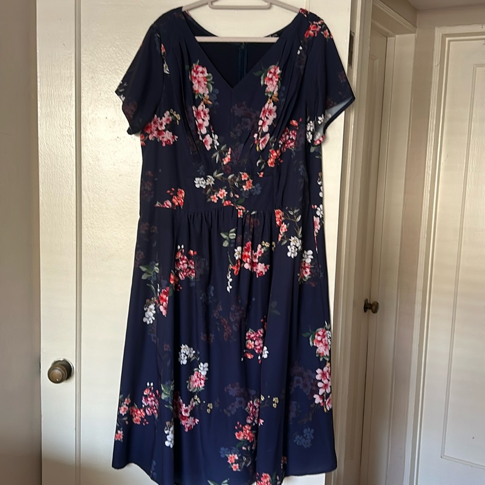 EShakti Pleated Floral Navy Dress with Sash 2x 22